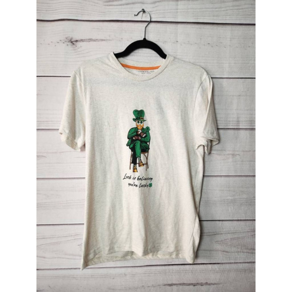 Leperchaun Mens Denim & Flower Graphic T-Shirt Off‎ White Heathered S New